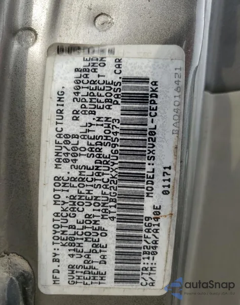 2000 Toyota Camry Ce z USA, uszkodzony, nr VIN 4T1BG22KXYU695473